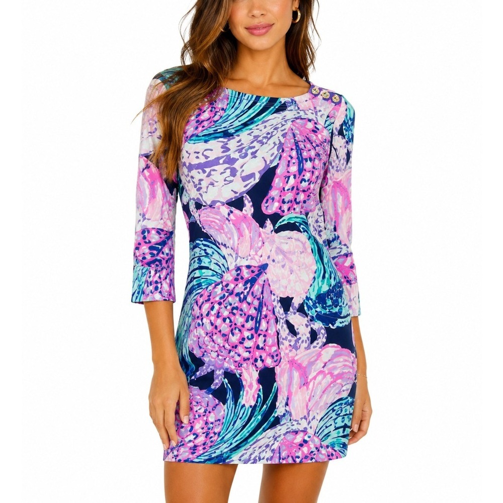 Lilly Pulitzer Etta Preppy Pink Blue Paisley Gold Button 3/4 Sleeve Boatneck XXS